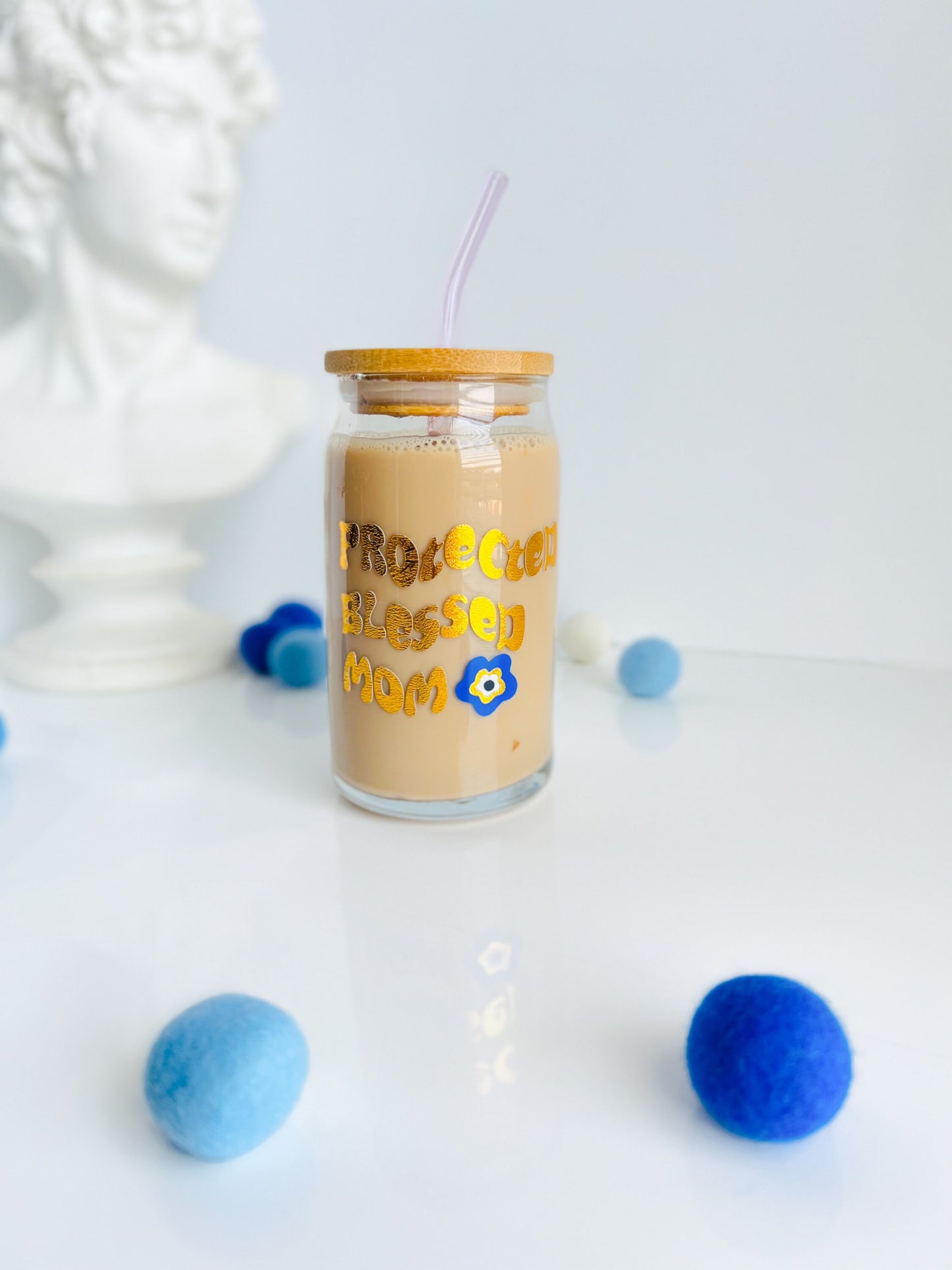 Evil Eye Mom Soda Can Glass, Evil Eye Iced Coffee Glass, Mother’s Day Cup, Glass With Bamboo Lid