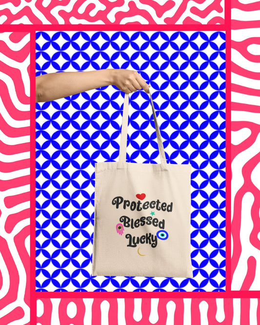 Protected Blessed Lucky Tote Bag, Funny Tote Bag, Boho Tote Bag, Evil Eye Tote Bag, Hamsa Hand Tote Bag