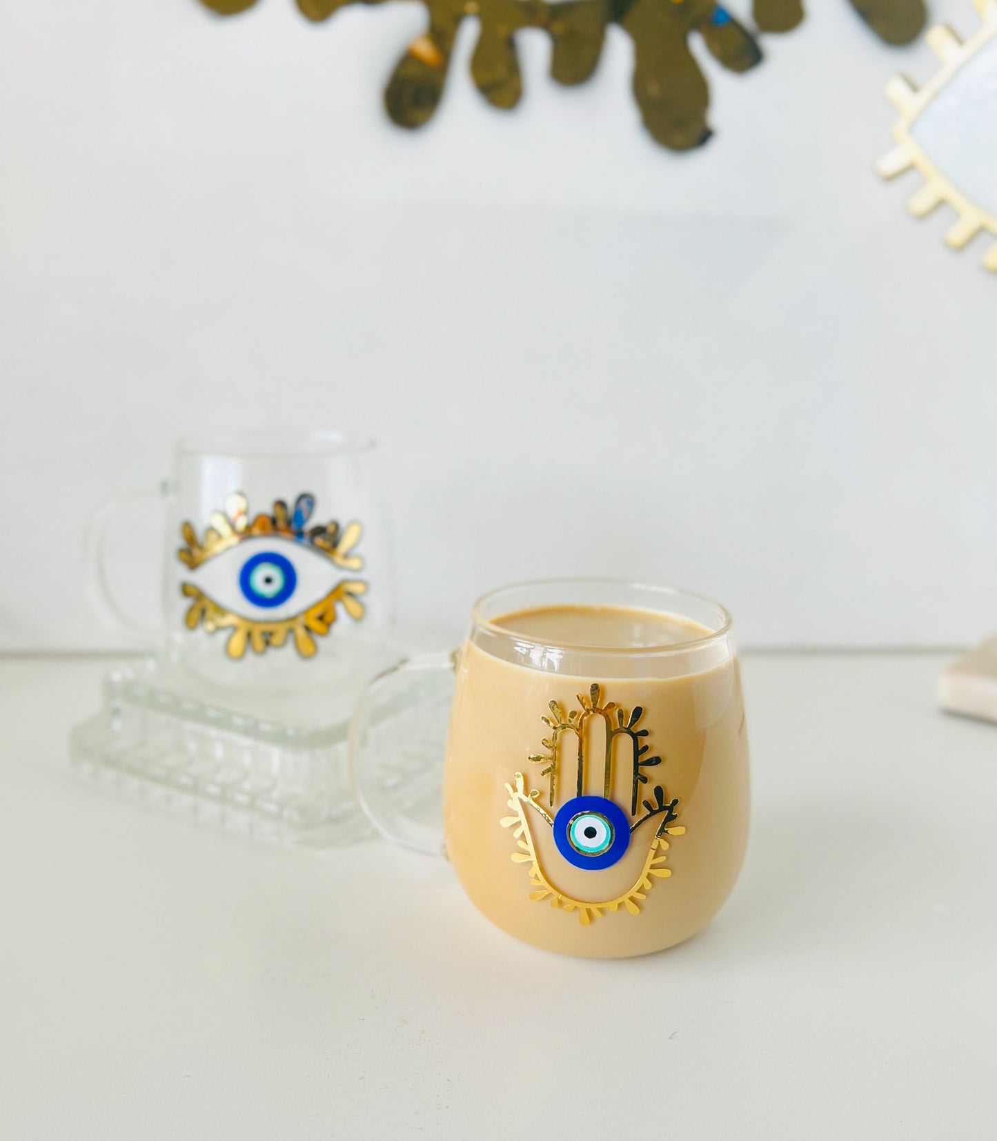 Evil Eye Design Hamsa Hand Glass Latte Mug Amida By Zaa