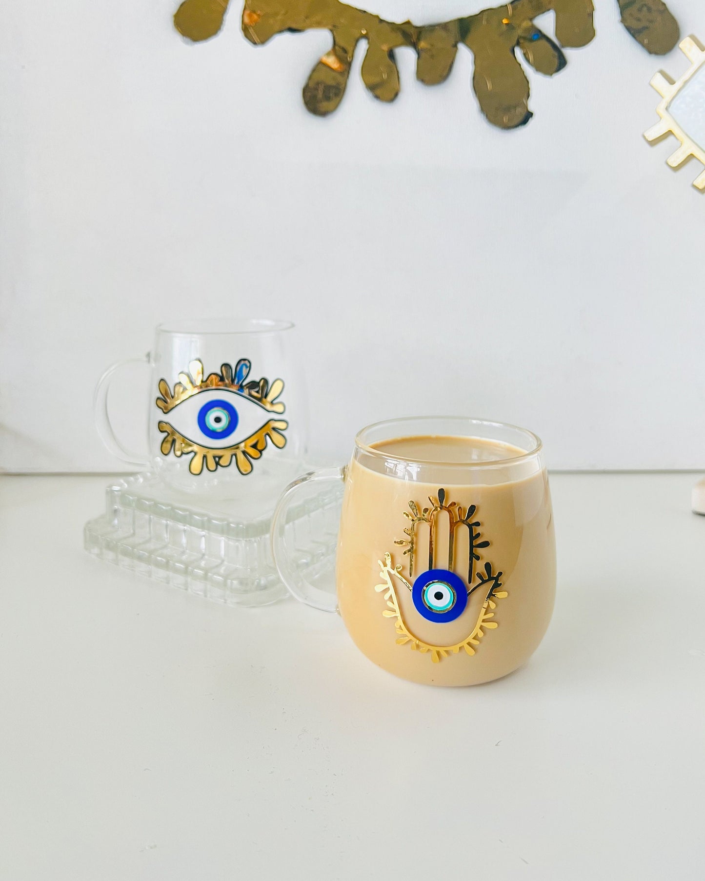 Evil Eye Design Hamsa Hand Glass Latte Mug Amida By Zaa