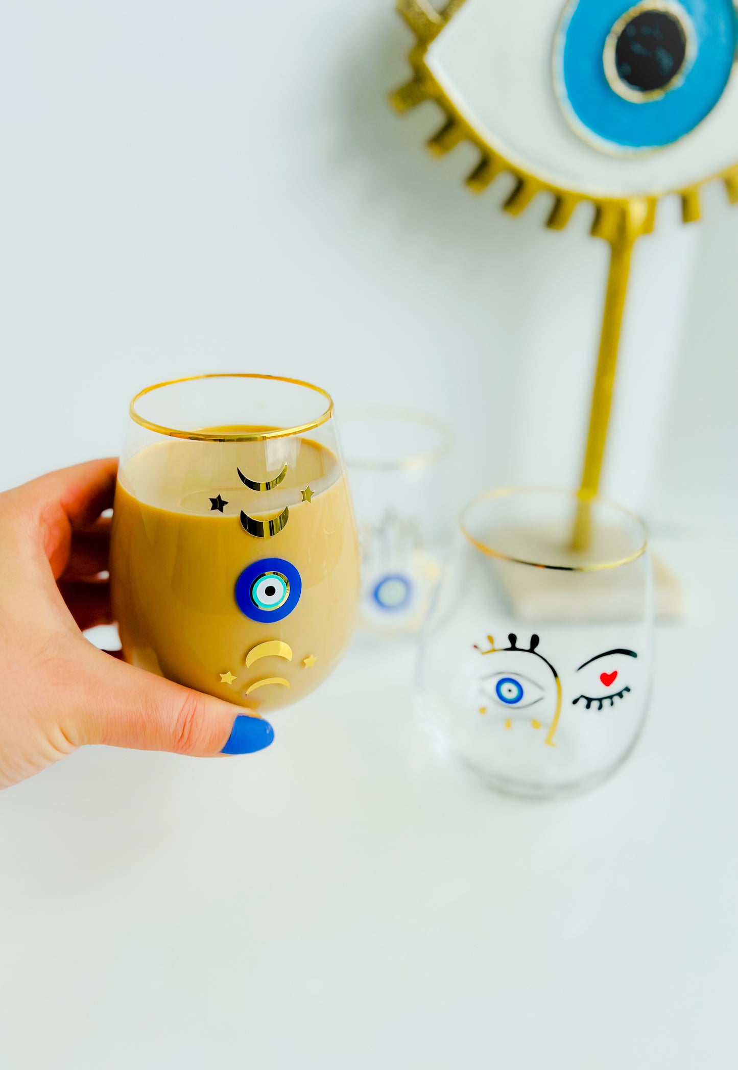 Moon Phases Evil Eye Wine Glass, Iced Coffee Glass