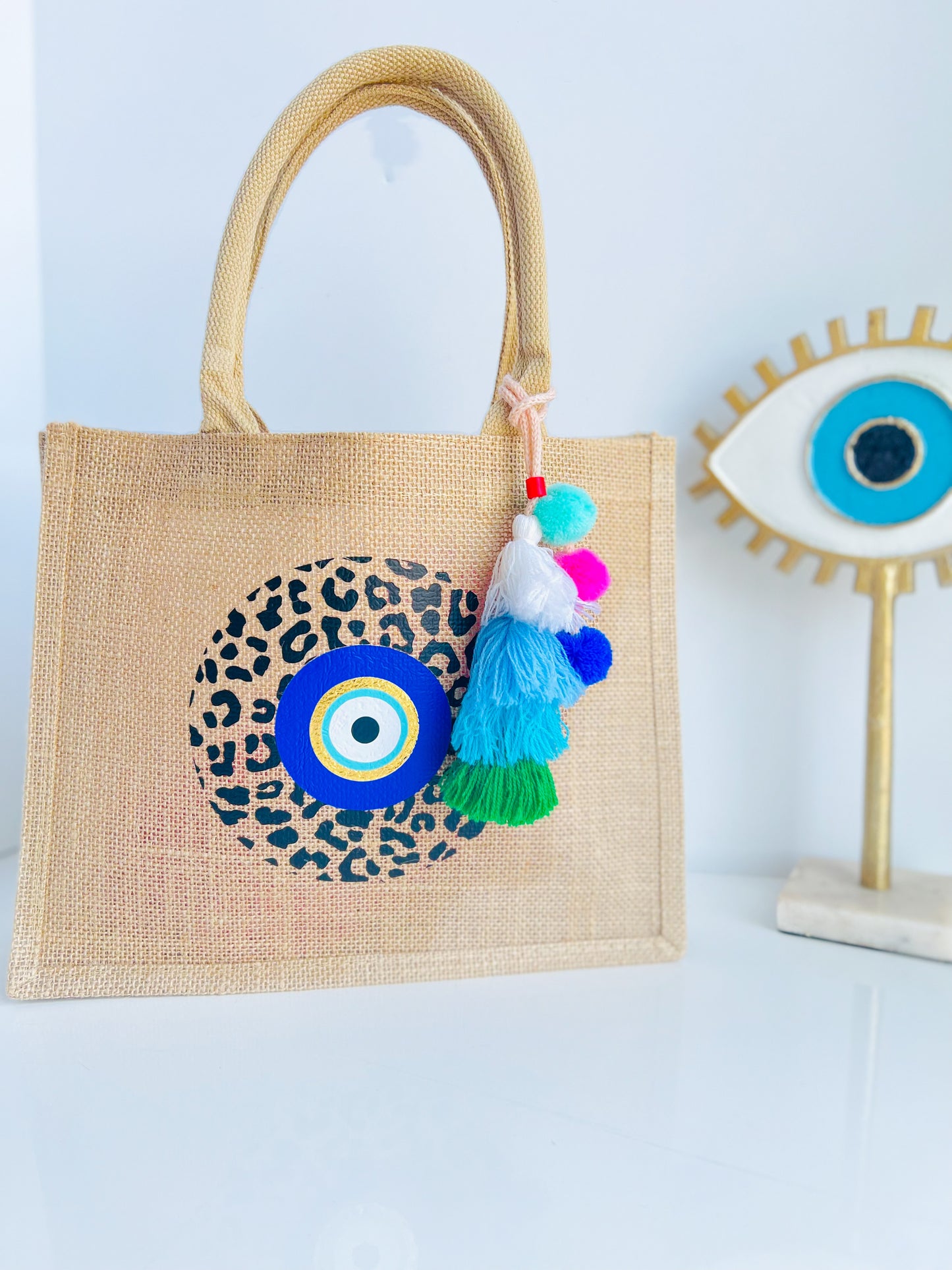 Leopard Print with Evil Eye Burlap Bag