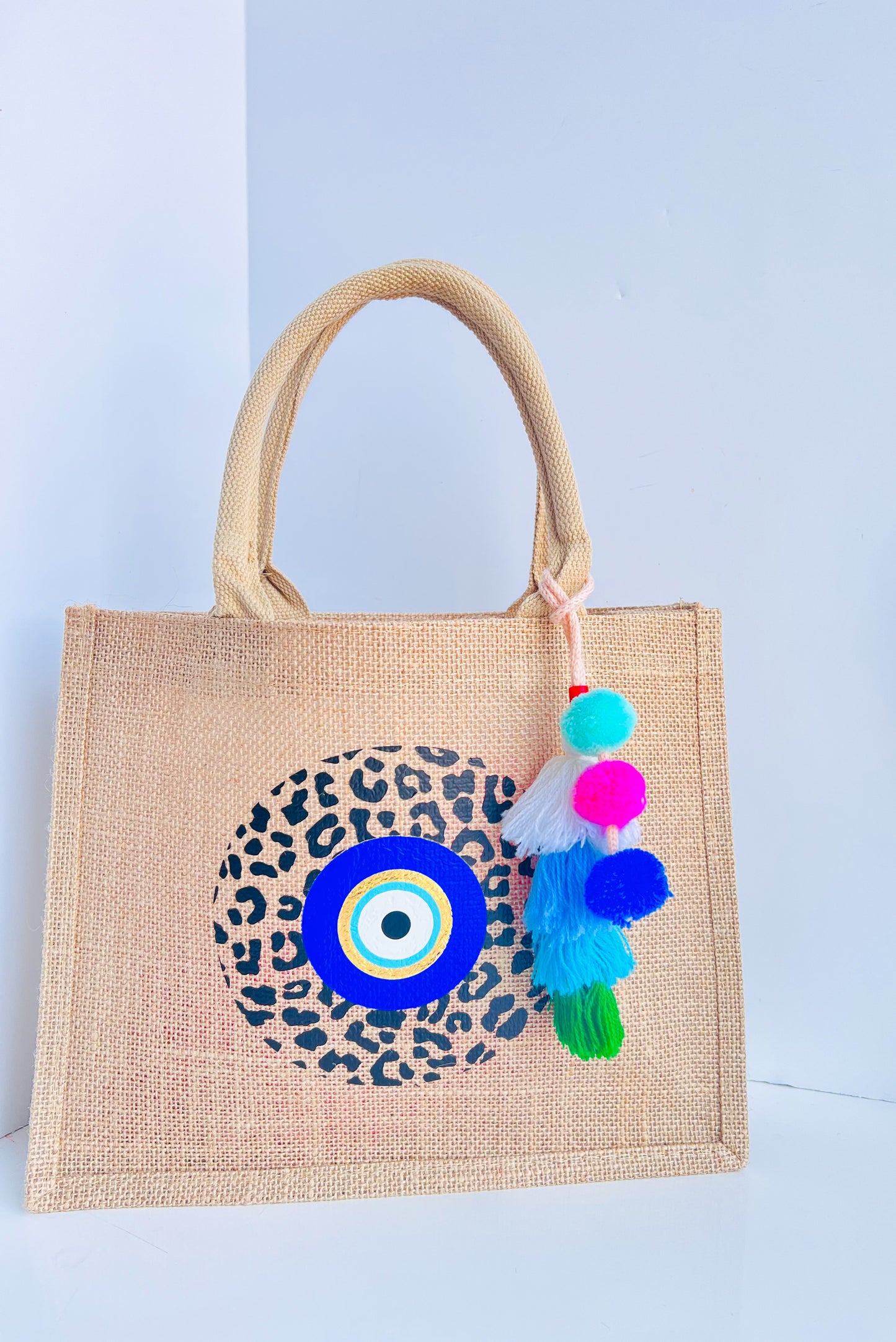 Leopard Print with Evil Eye Burlap Bag