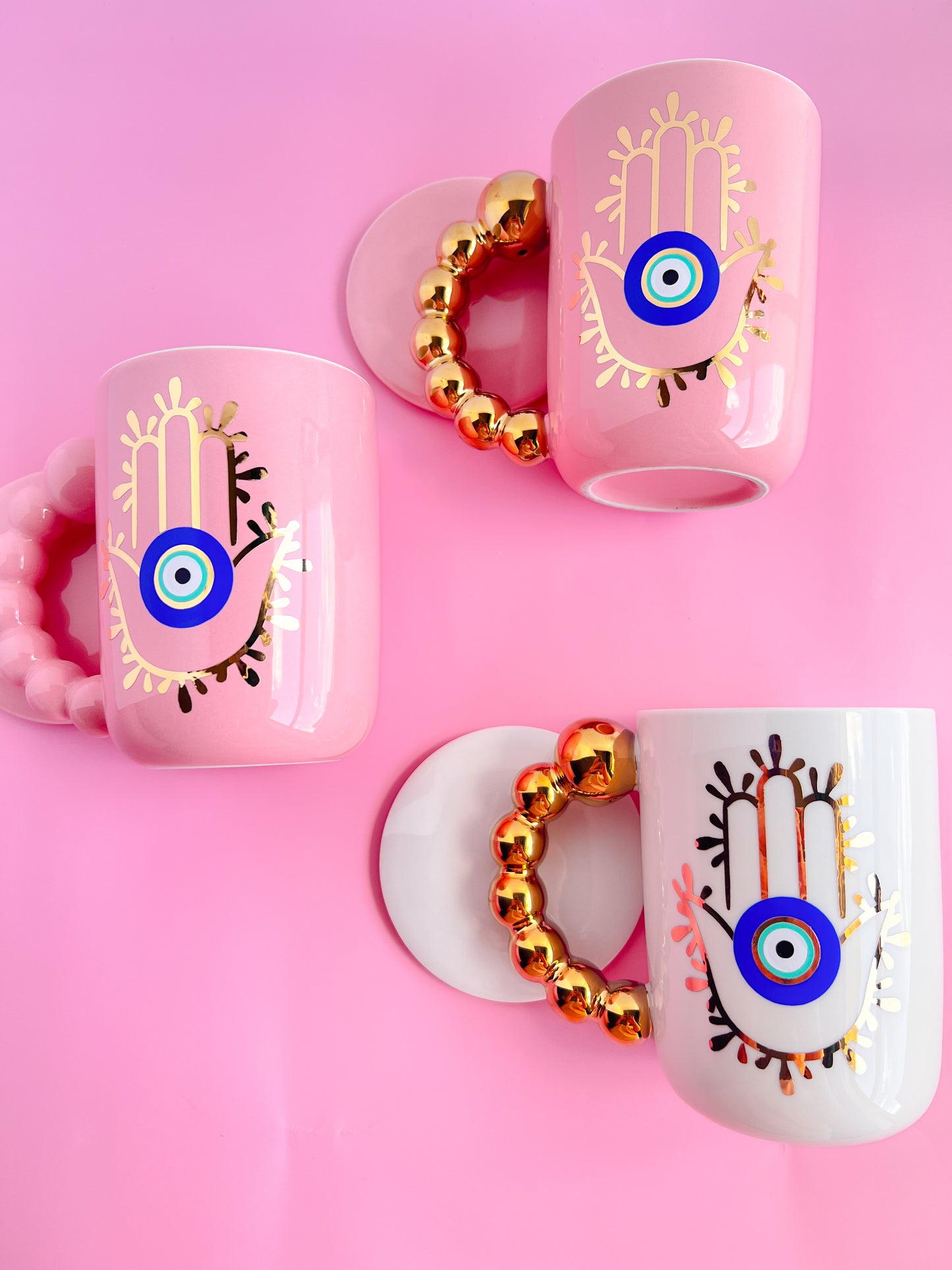 Hamsa Hand With Evil Eye Bubble Handle Pink Ceramic Mug Set