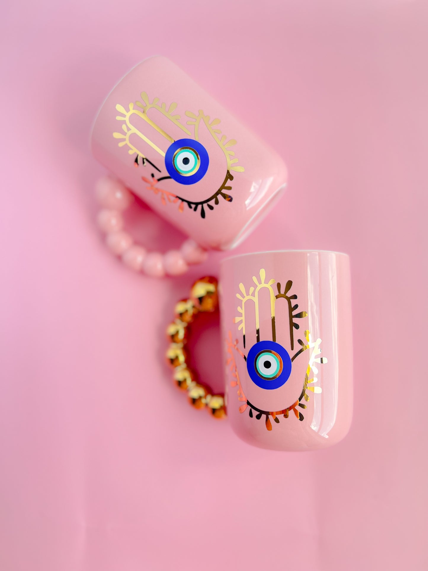 Hamsa Hand With Evil Eye Bubble Handle Pink Ceramic Mug Set