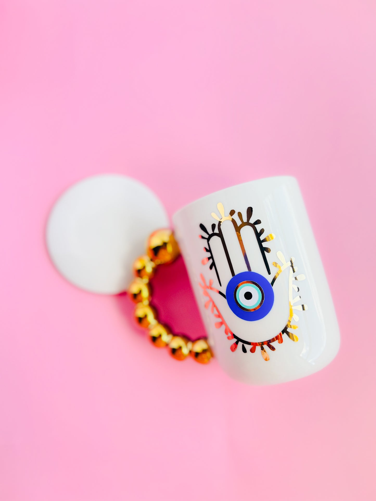 Hamsa Hand With Evil Eye Bubble Handle Pink Ceramic Mug Set