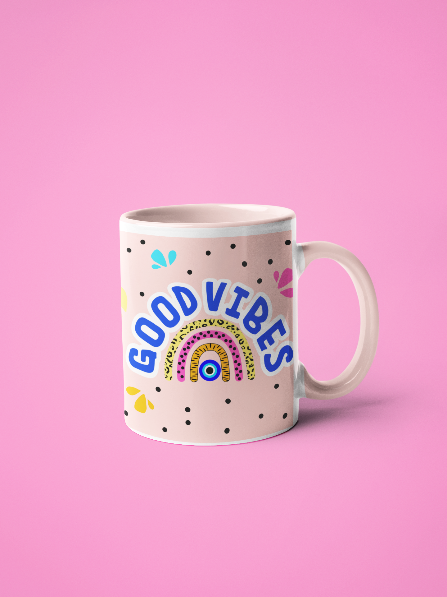 Good Vibes Rainbow Pink Evil Eye Mug with Color Inside