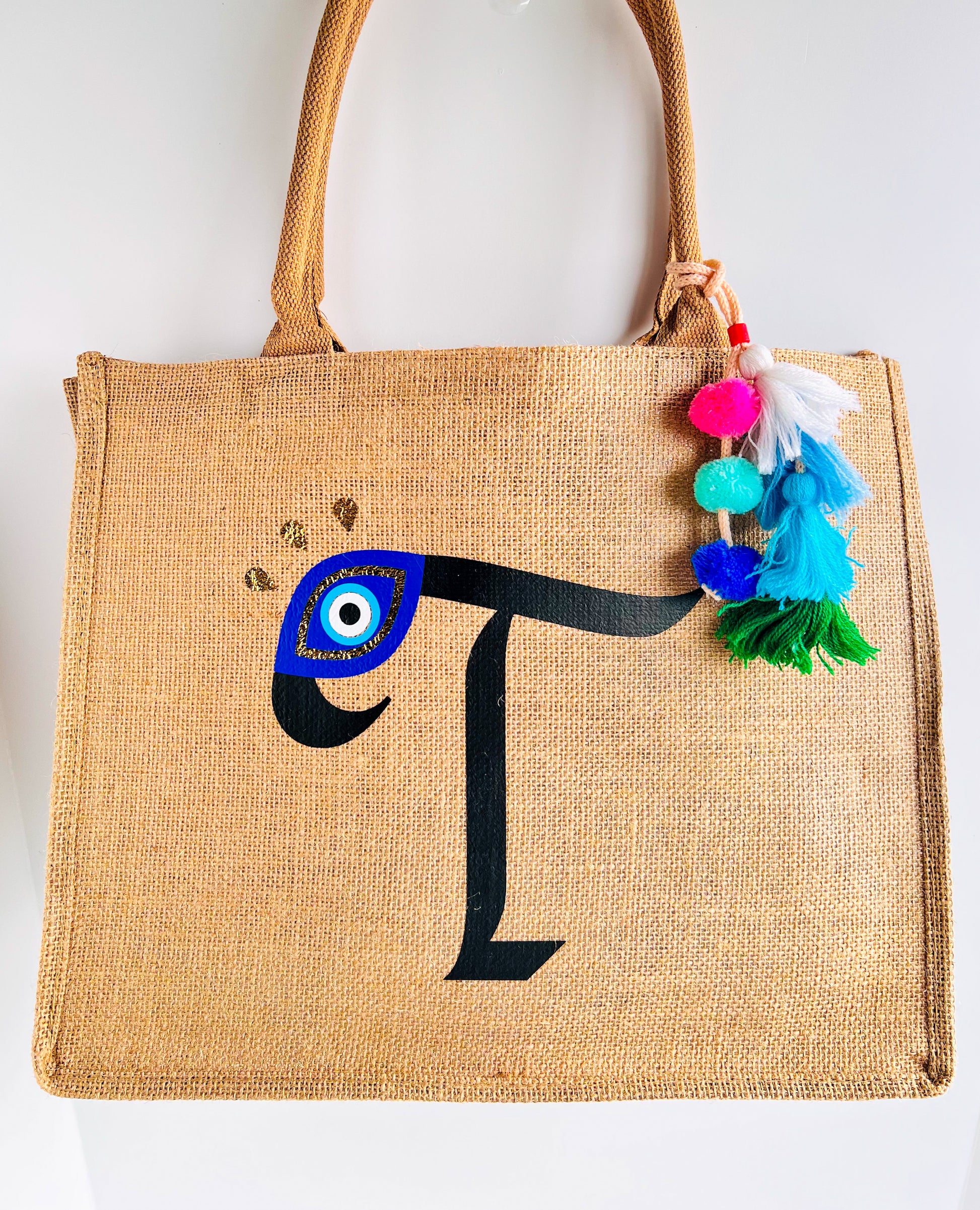 evil eye tote bag, eye tote bag, letter tote bag