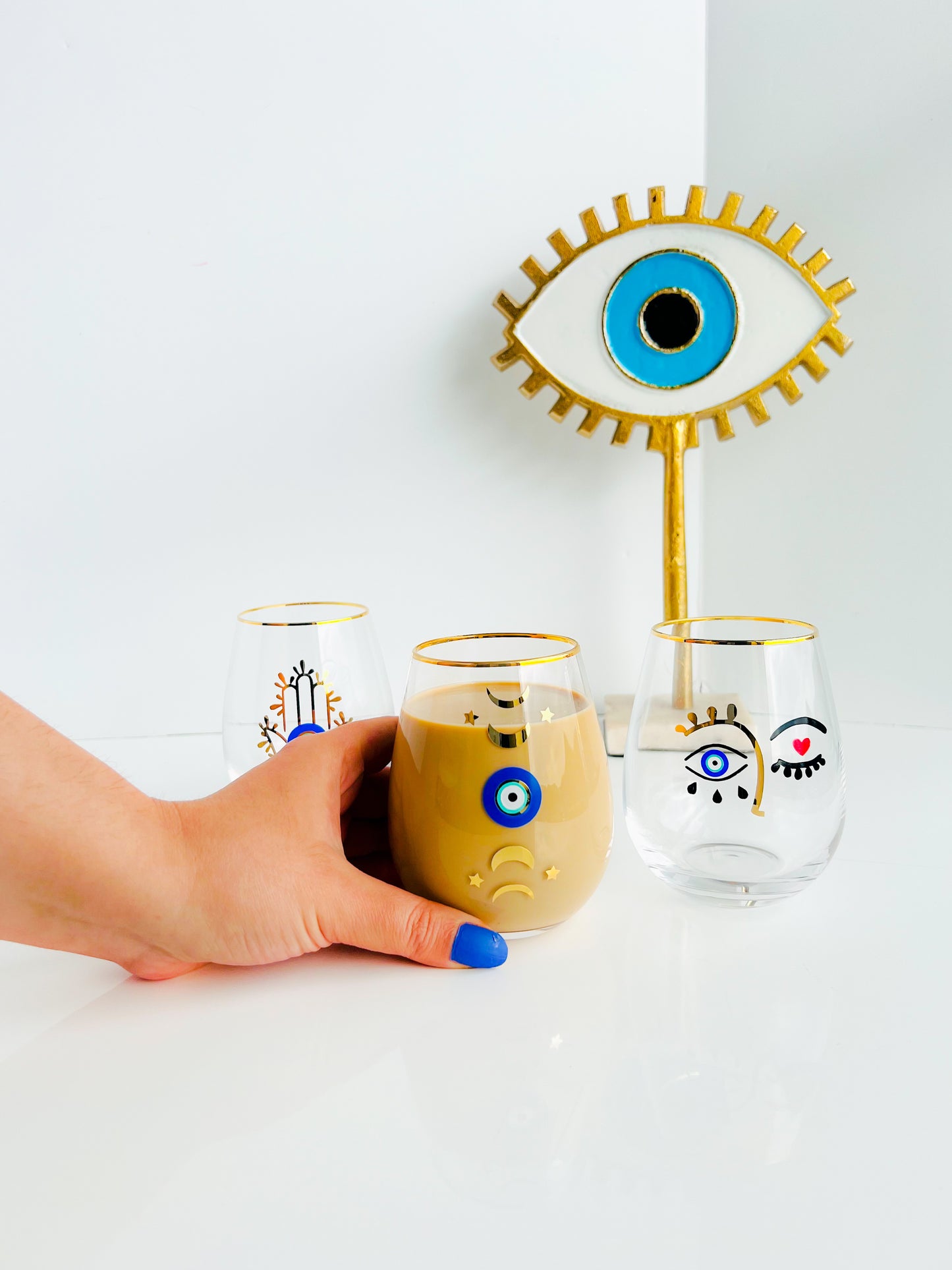 Moon Phases Evil Eye Wine Glass, Iced Coffee Glass