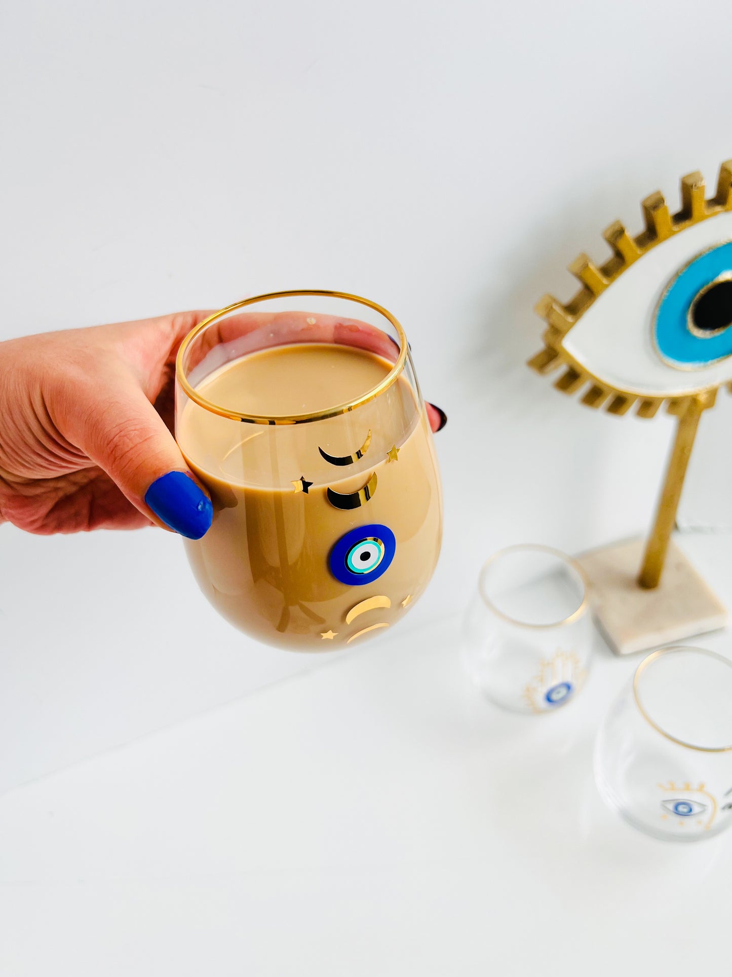 Moon Phases Evil Eye Wine Glass, Iced Coffee Glass